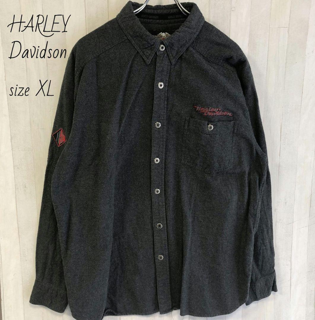 ハーレーダビッドソン 長袖シャツ 刺繍 古着 HARLEY XL 古着 グレー