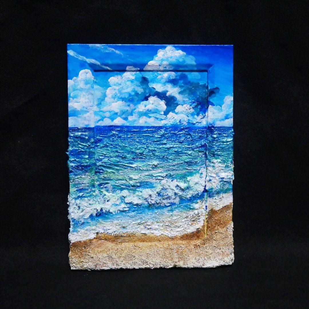 油絵 油彩 油彩画 絵 絵画 夏の砂浜の海 ミニ絵画