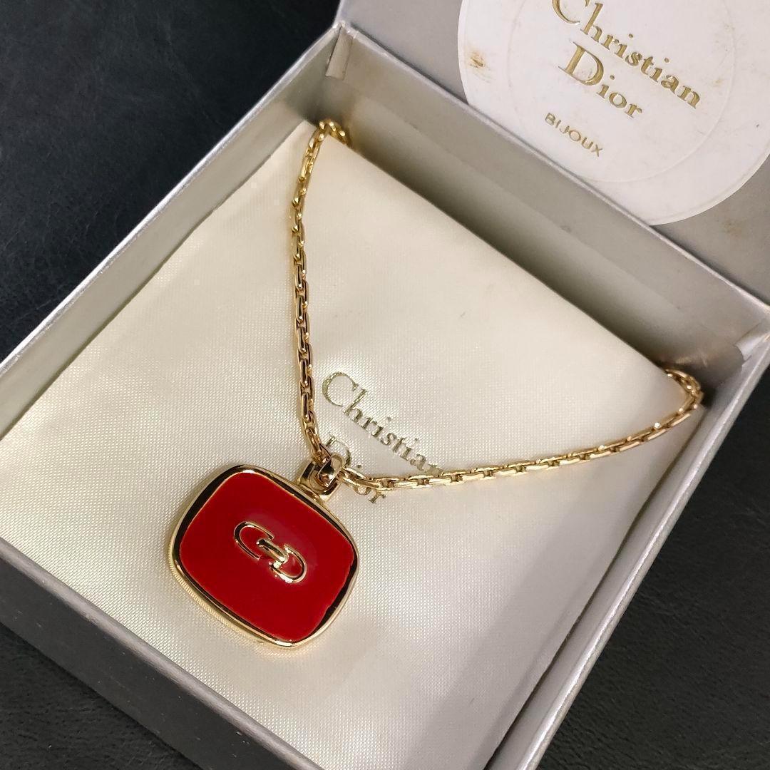【極美品】Dior ディオール ネックレス ゴールド レッド スクエア CDロゴ