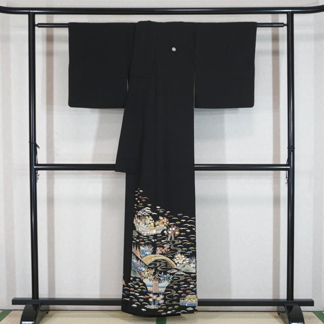 刺繍水流草花正絹黒留袖作家物フォーマル結婚式155cm