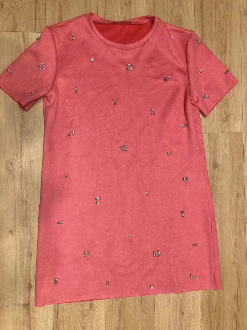 ZARA ピンク ビジュー付き ミニワンピース M