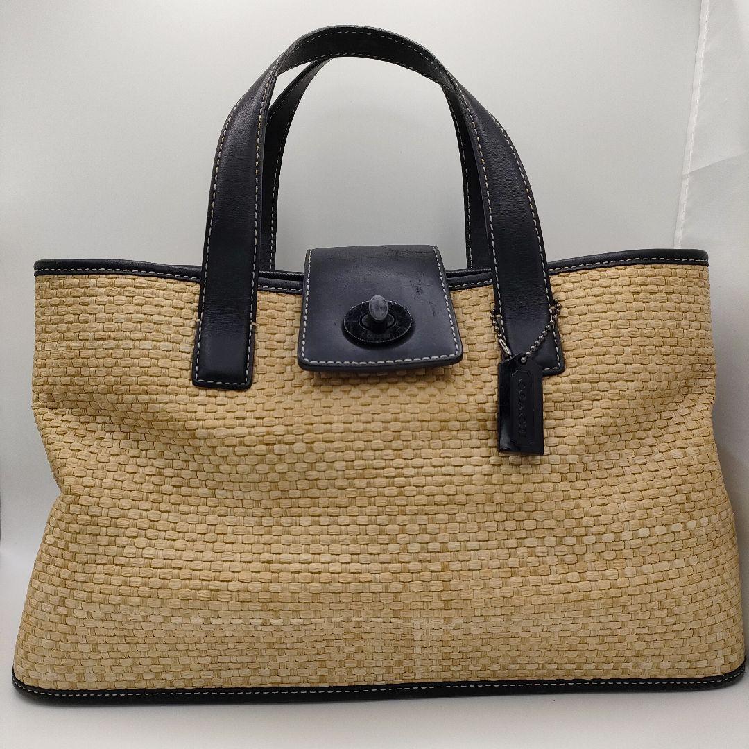 COACH ハンドバッグ ストロー ターンロック レザー かごバッグ コーチ