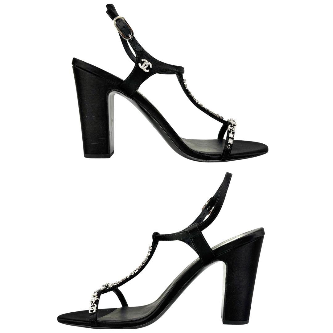 【希少】CHANEL シャネル サンダルアンクルストラップラインストーン 黒