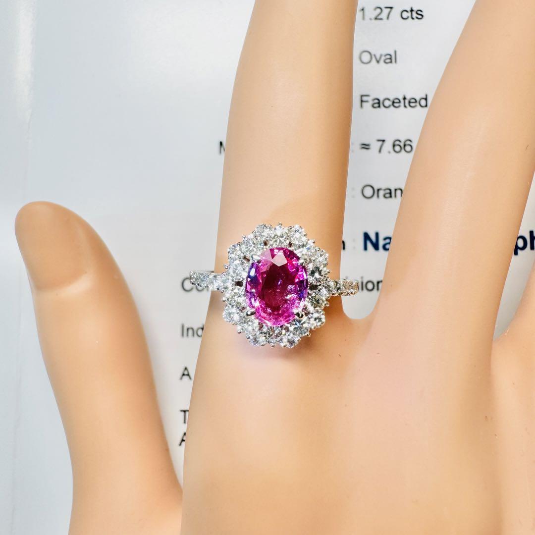 新作☆PT950パパラチアサファイアリングPS:1.270ct D:0.72ct