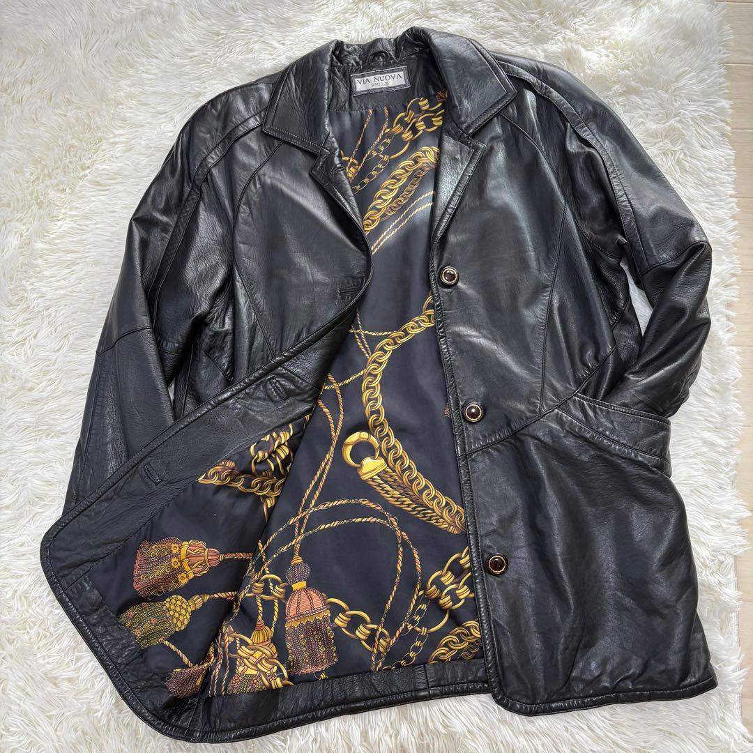 裏地が美しいラムレザーコート 大きめサイズ ロング86cm【美品】 裏地が美しいラムレザーコート 大きめサイズ ロング86cm【美品】