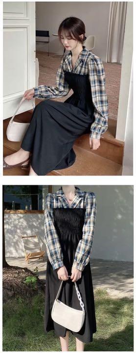 22年のクリスマス 切り返し ワンピース 22 レディース チェック 秋服9l ブラック 長袖 ロングワンピース Kl Lka No