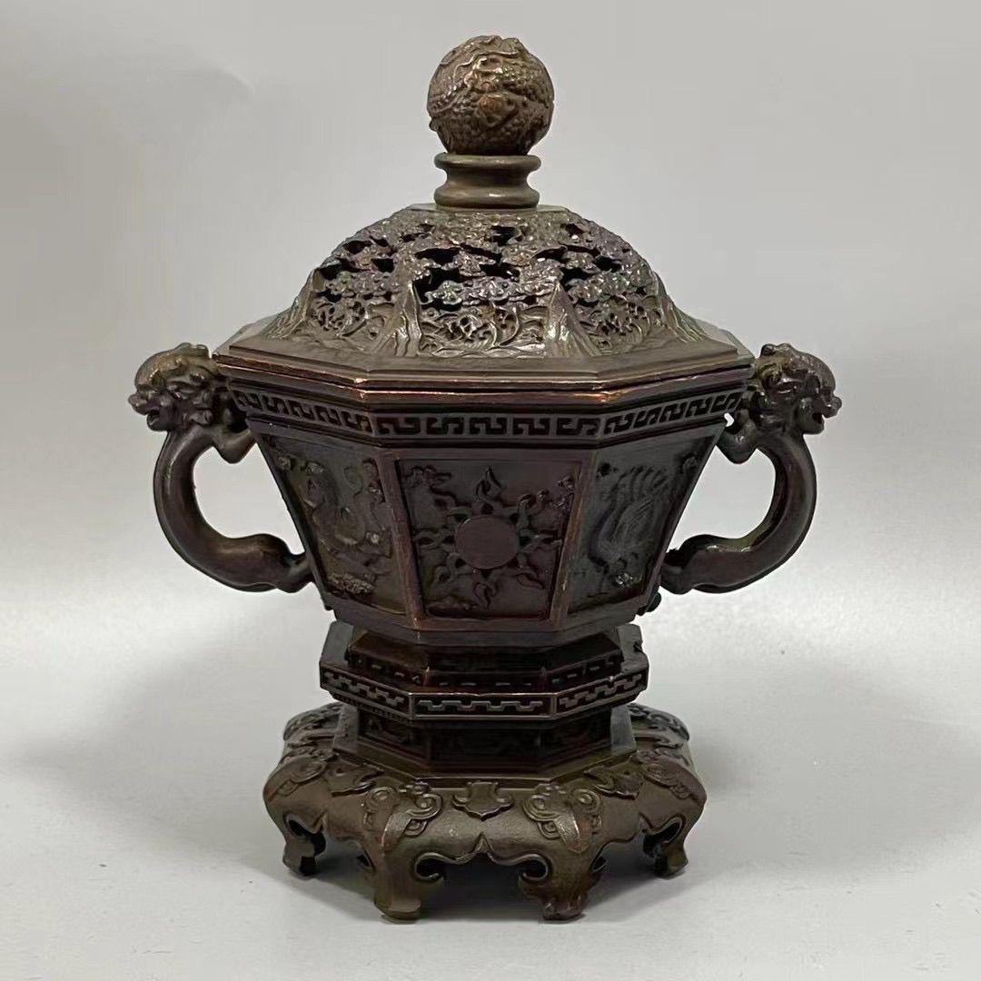 銅器 浮彫四大神獣香炉 茶道具 香道具 室内薫香炉 装飾品 工芸品