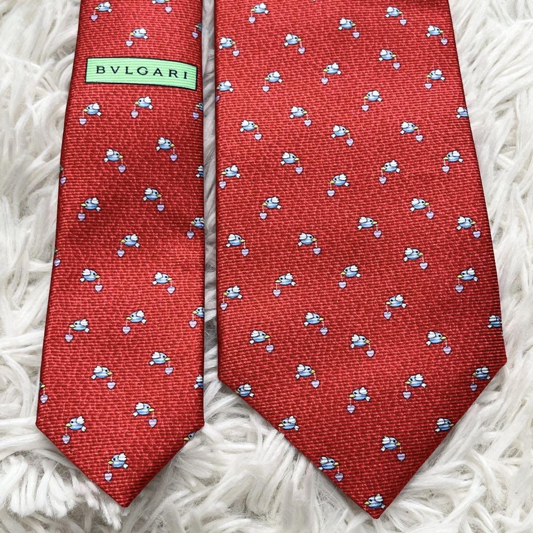 新品✨️ BVLGARI ネクタイ セッテピエゲ レッド 鳥 ハート 高級シルク