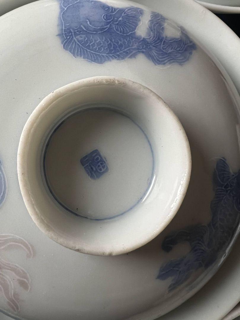 陰刻 金魚図の色絵 蓋付茶碗5客！古伊万里 和食器 骨董品 アンティーク