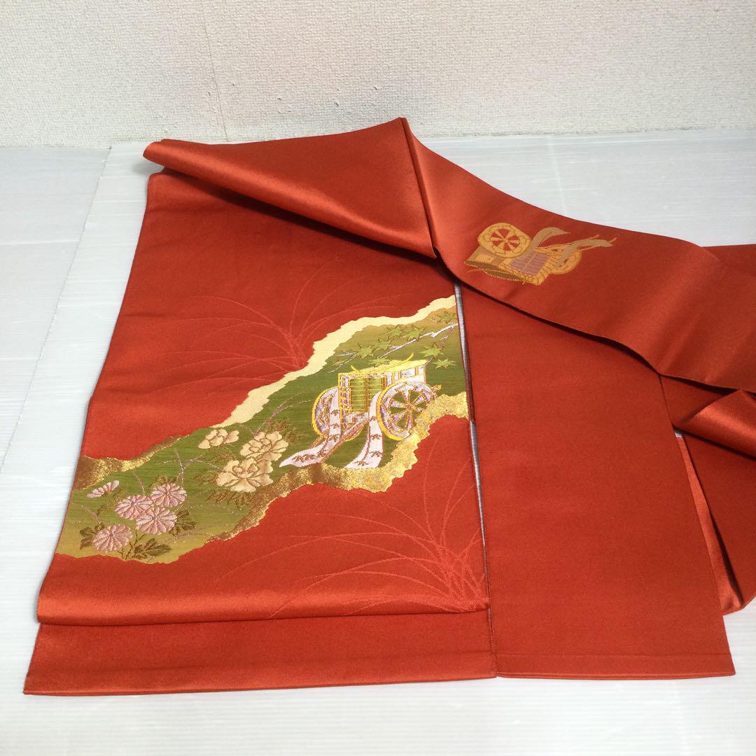 No4002淡い黄色 草花柄小紋の着物と金糸刺繍御所車と花柄名古屋