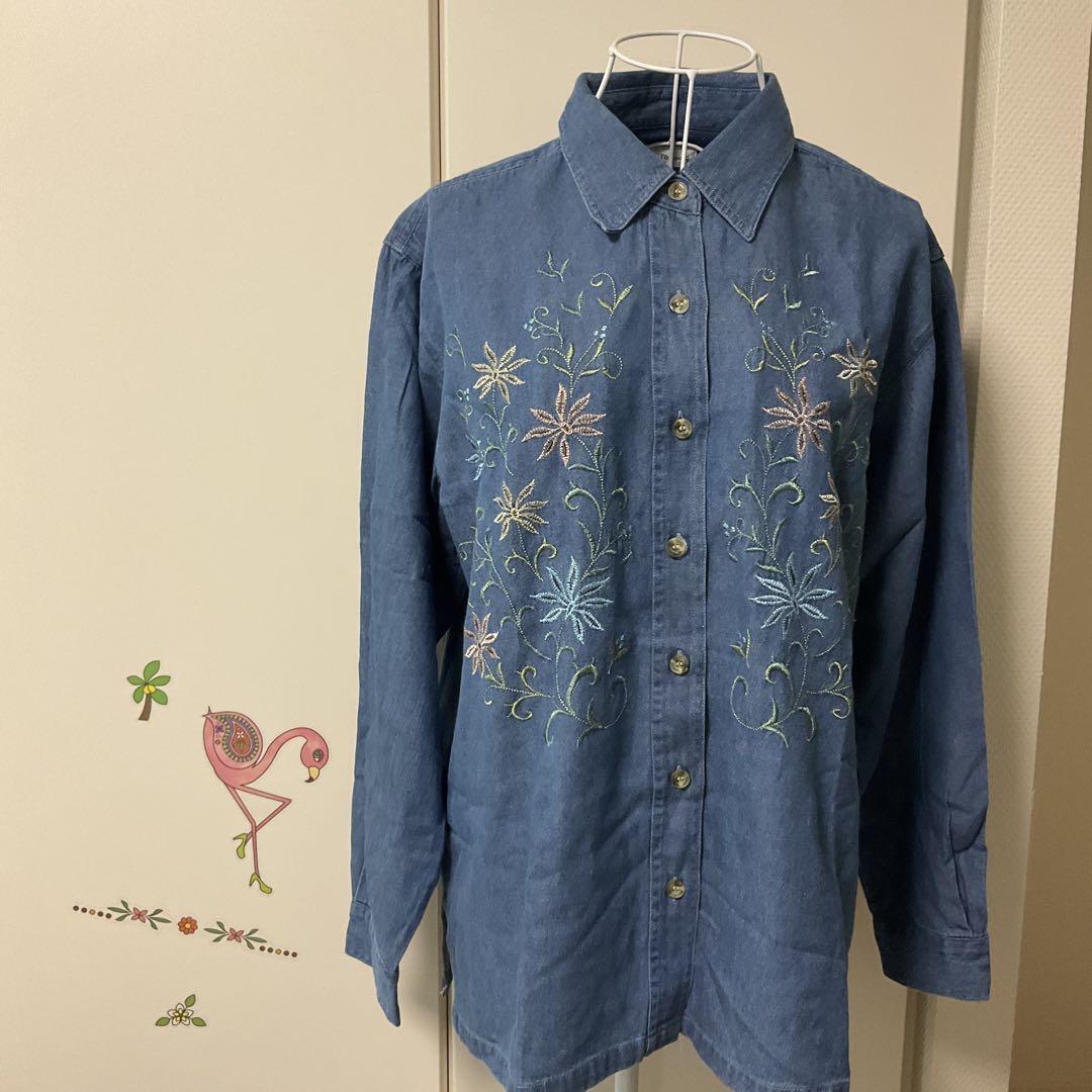 花柄刺繍デニムシャツ 長袖 00's vintage - メルカリ
