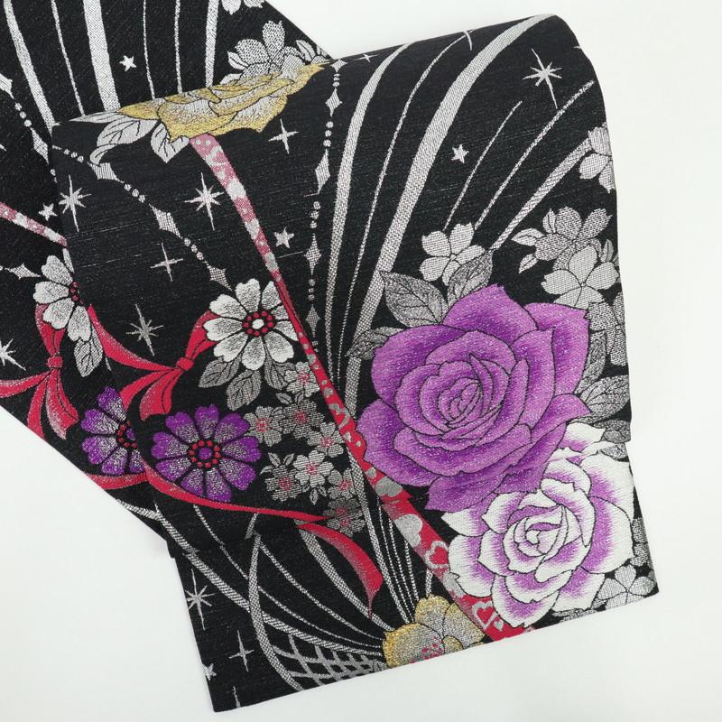 《上質逸品■西陣証紙有■振袖用袋帯■豪華バラの花■黒■正絹着物◆FB6-10》
