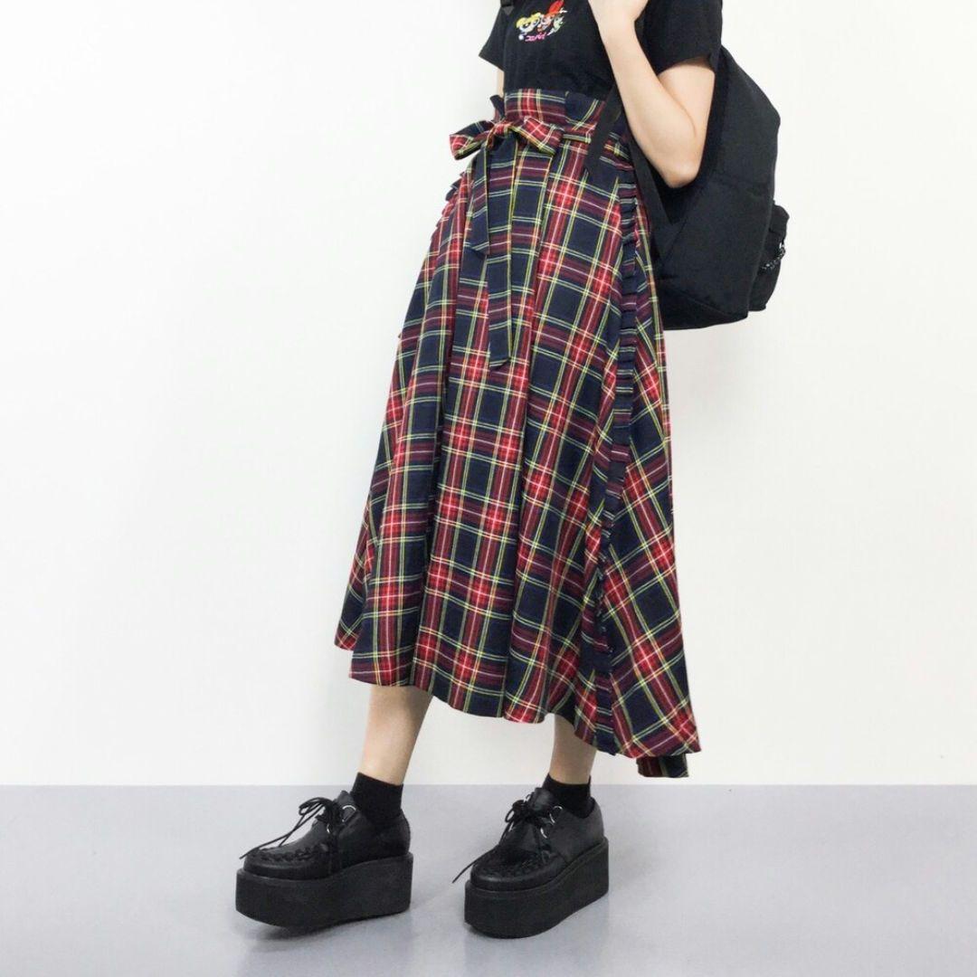 MILKFED. ミルクフェド　チェック　切替フリル　フレアスカート　麻混　美品