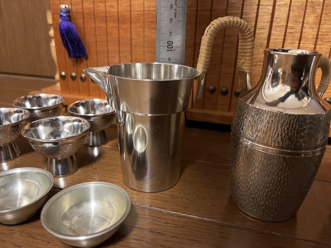 ★未使用★錫半　錫器　酒器セット　両開飾り棚　昭和レトロ お猪口 徳利