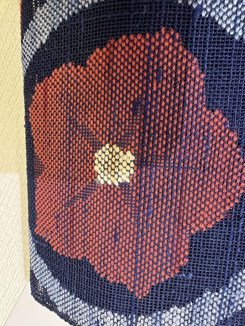 花柄刺繍 名古屋帯 紺色 松葉仕立て 麻 夏帯