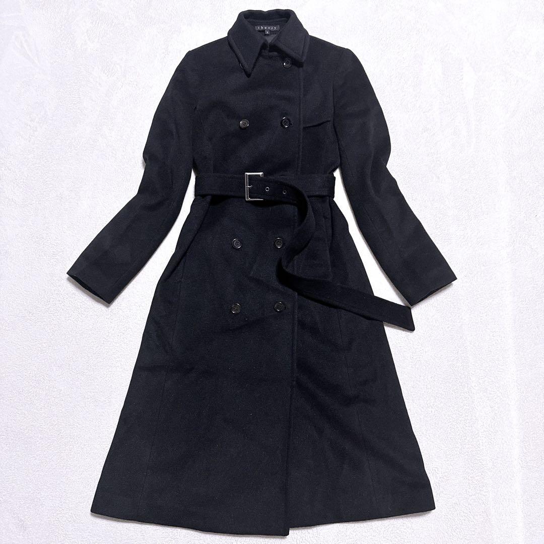 【新品同様】セオリー トレンチコート カシミヤ アンゴラ ロング Aライン 黒
