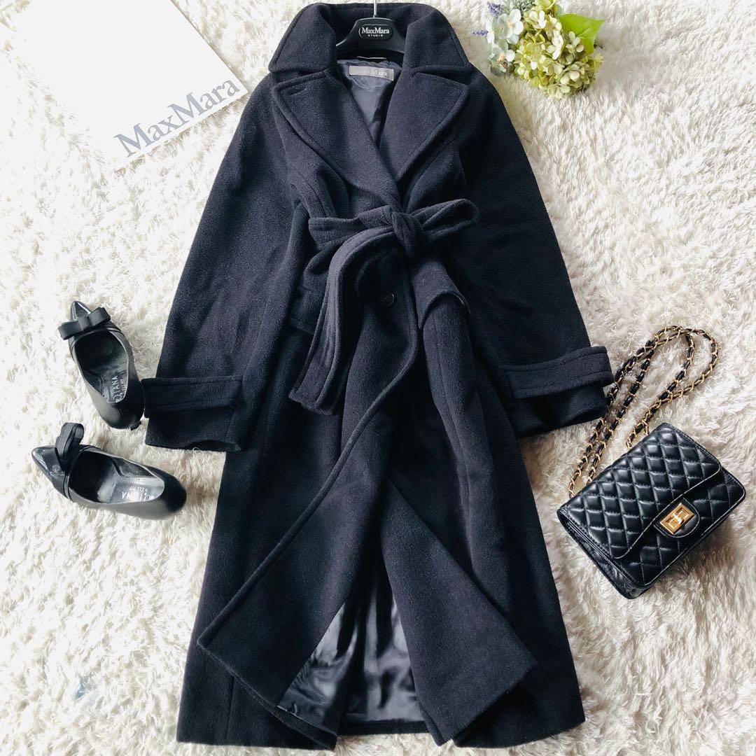 マックスマーラ ベルテッドコート 女優襟 ダブル 銀タグ ブラック 40L Max Mara