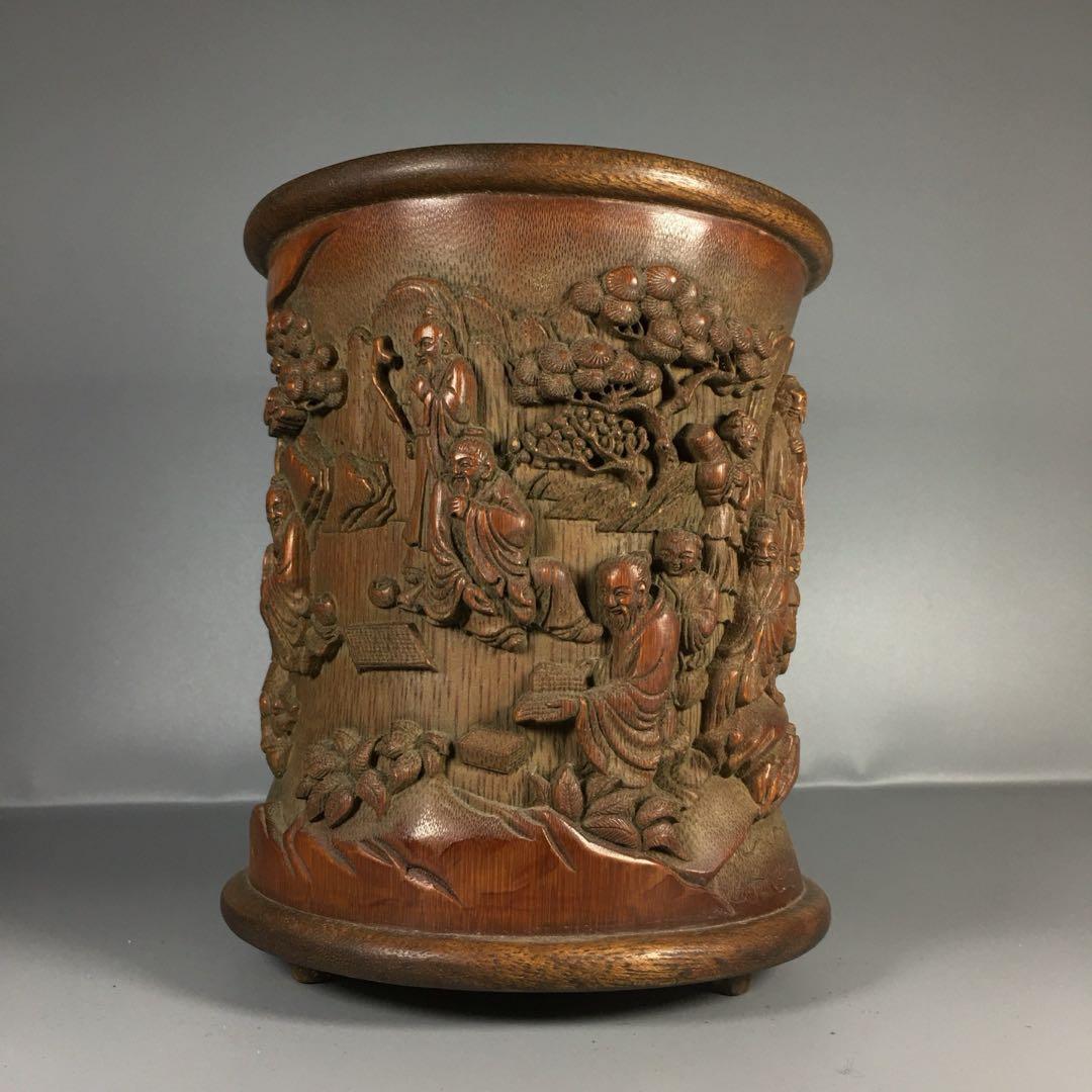 旧蔵　天然文房具　時代物　毛筆用 筆立て·筆筒 竹極彫刻　アンティーク