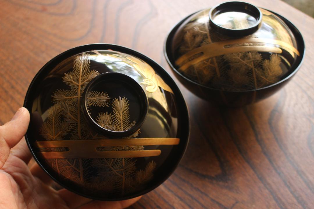 時代逸品！時代黒漆に優美な松鶴蒔絵の映えるお椀2点（検輪島塗蒔絵椀雑煮椀