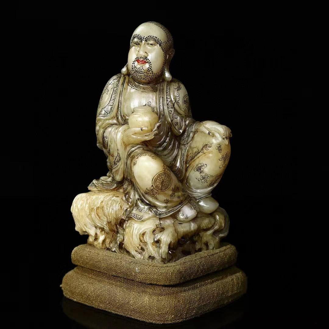 中国古美術・旧蔵寿山石羅漢尊者・仏像・手彫り・文房具・木箱付き・風水開運・置物