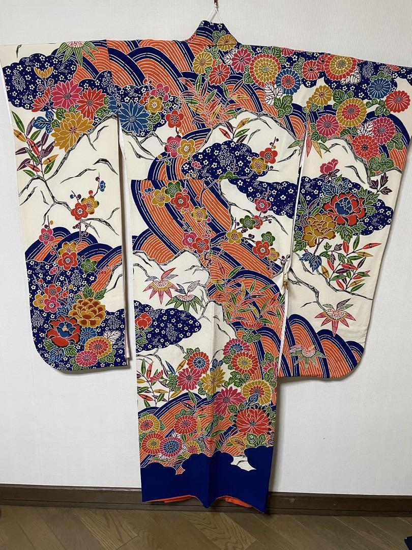 注目ショップ・ブランドのギフト 波模様 紅型 花柄 振袖 多色 身丈約150cm 長襦袢うそつき袖付 着物・浴衣