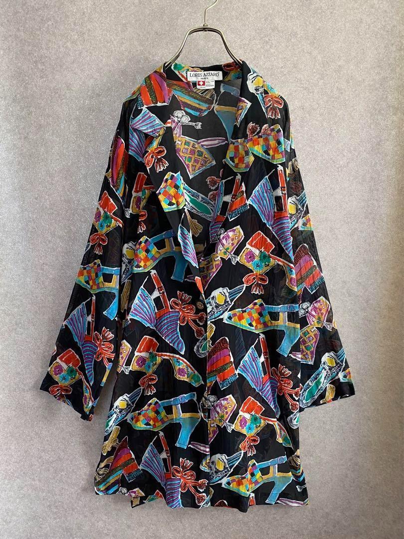 ヴィンテージ レトロ古着 総柄シアーシャツジャケット 一つボタン ロング 黒