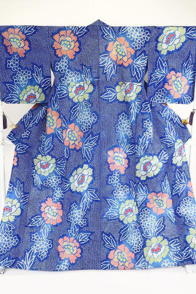 未使用品 浴衣 有松絞り バチ衿 青 花文 身丈161cm お洒落 夏 綿