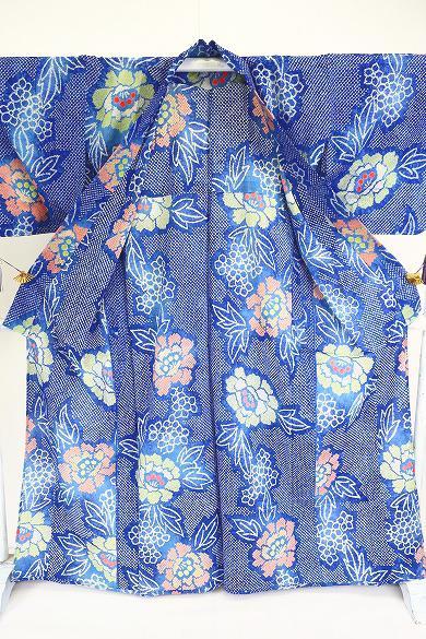 未使用品 浴衣 有松絞り バチ衿 青 花文 身丈161cm お洒落 夏 綿