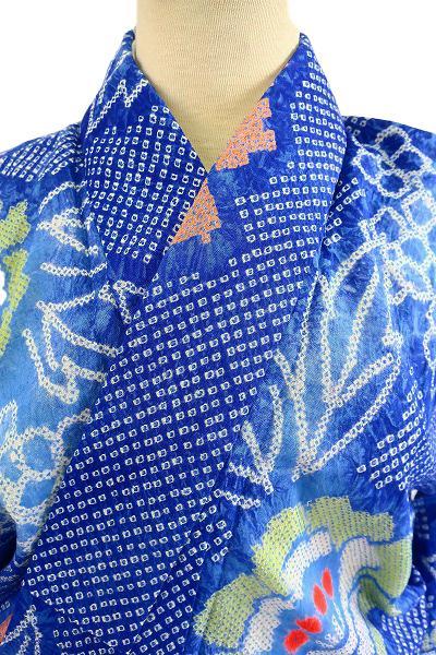未使用品 浴衣 有松絞り バチ衿 青 花文 身丈161cm お洒落 夏 綿
