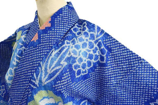 未使用品 浴衣 有松絞り バチ衿 青 花文 身丈161cm お洒落 夏 綿