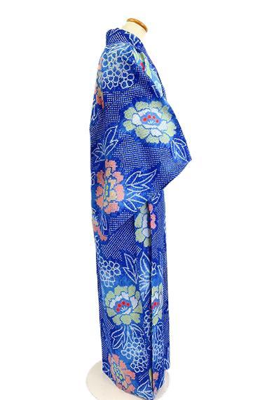 未使用品 浴衣 有松絞り バチ衿 青 花文 身丈161cm お洒落 夏 綿