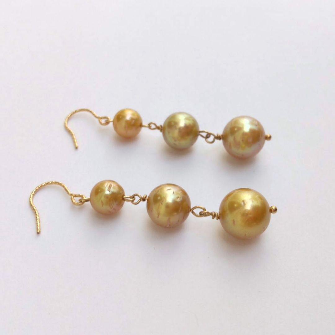新品 ゴールデンパール ピアス K14gf 7～10mm 南洋真珠