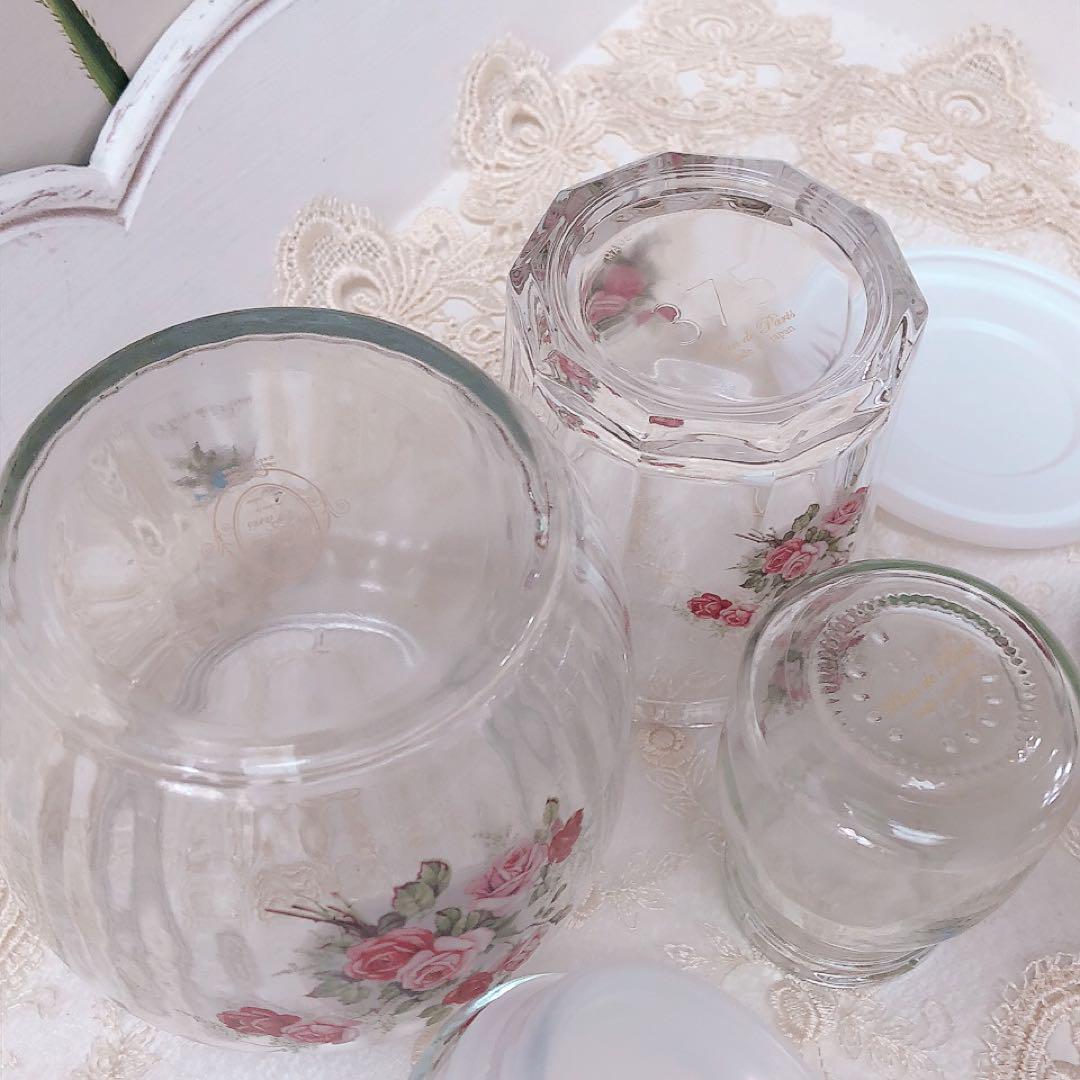 新品3個セット薔薇柄ガラス保存容器 鉛フリー プランドパリ/ imane マニー