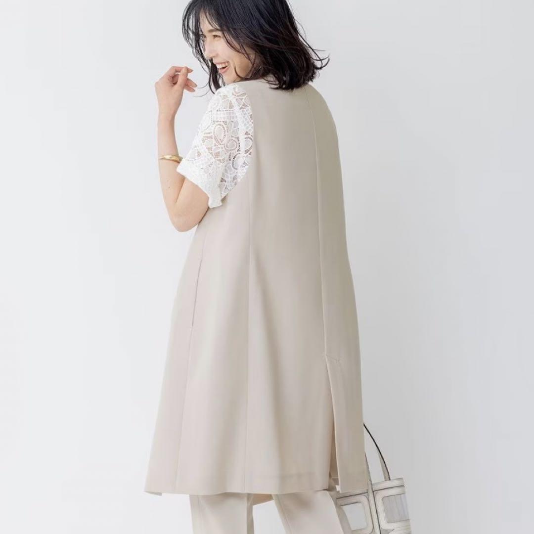⭐︎リーフ⭐︎23区 トロピカルストレッチ ノーカラーロングジレ薄ベージュ38 ⭐︎リーフ様専用⭐︎23区 トロピカルストレッチ ノーカラー