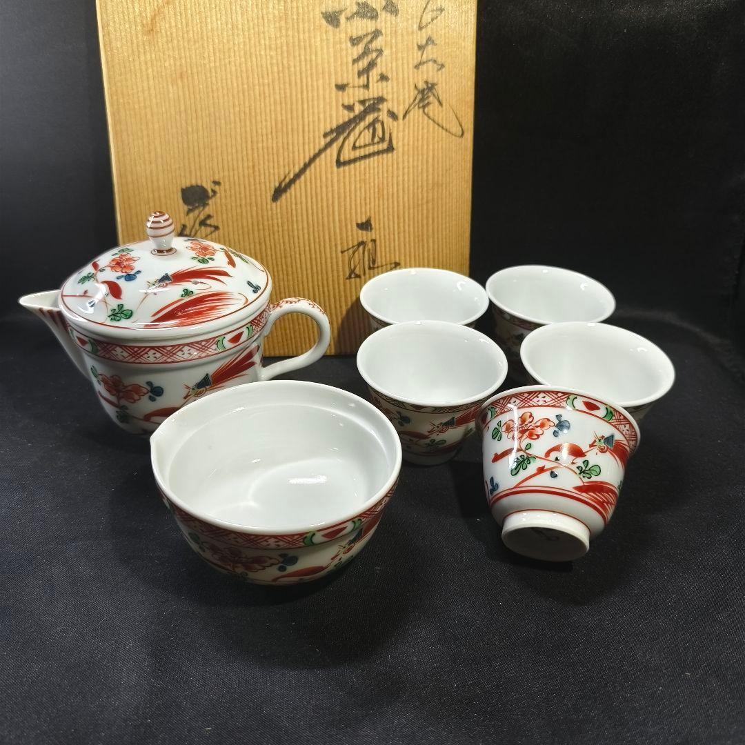 煎茶道具 小茶器 九谷焼 手描き赤絵花鳥文 作家物 二重蓋急須 共箱 中国茶器