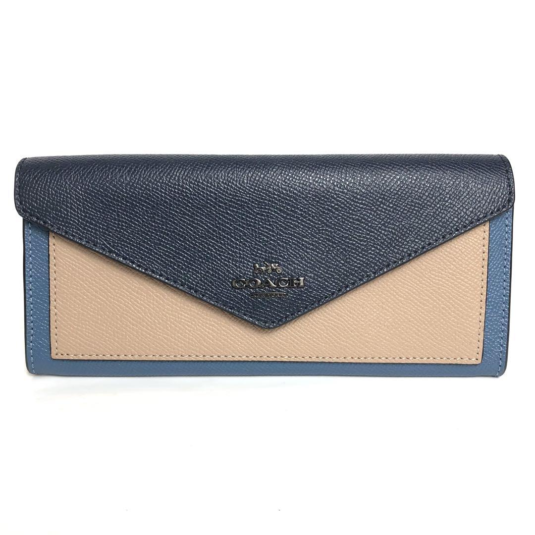 【ほぼ未使用】COACH コーチ 長財布 ブルー系 レザー トリコロール