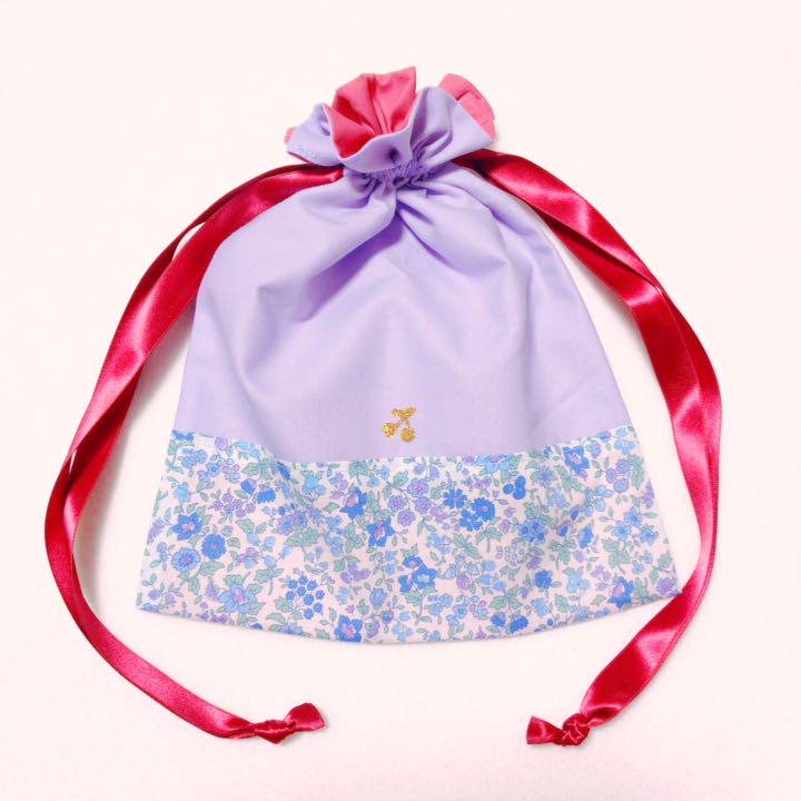 巾着袋✾︎サテンリボン୨୧ パープル×ピンク 花柄 さくらんぼ