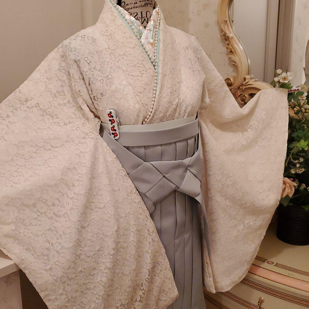 新品 総レース 7点セット 帯 小振袖 くすみアイボリー 女袴 二尺袖