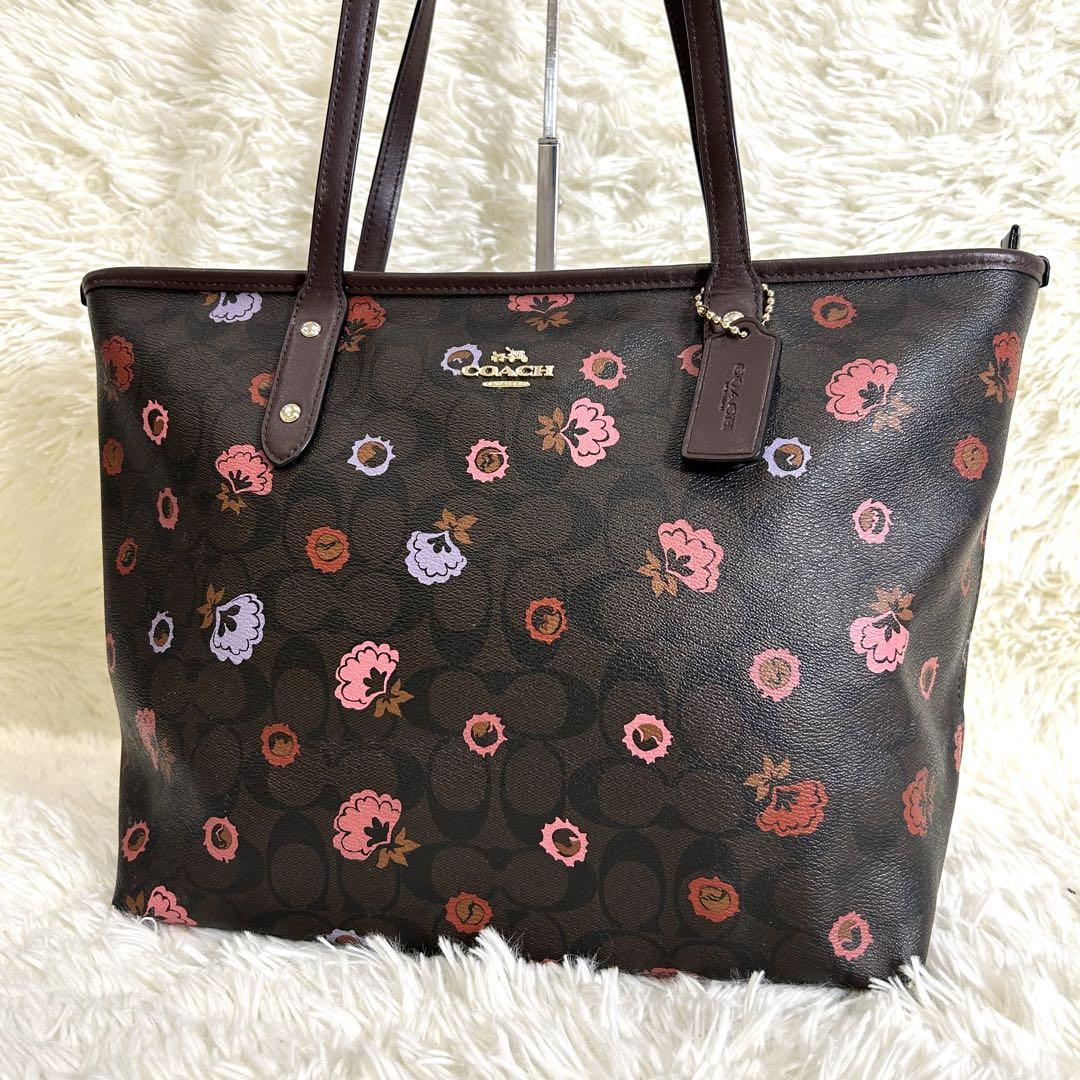 コーチ coach トートバッグ シグネチャー 花柄 PVC ブラウン A4可
