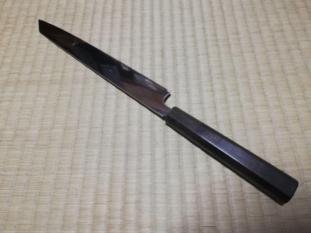 康之（丸超刃物）両鏡面　V金本焼　8寸　切付柳　黒檀八角柄