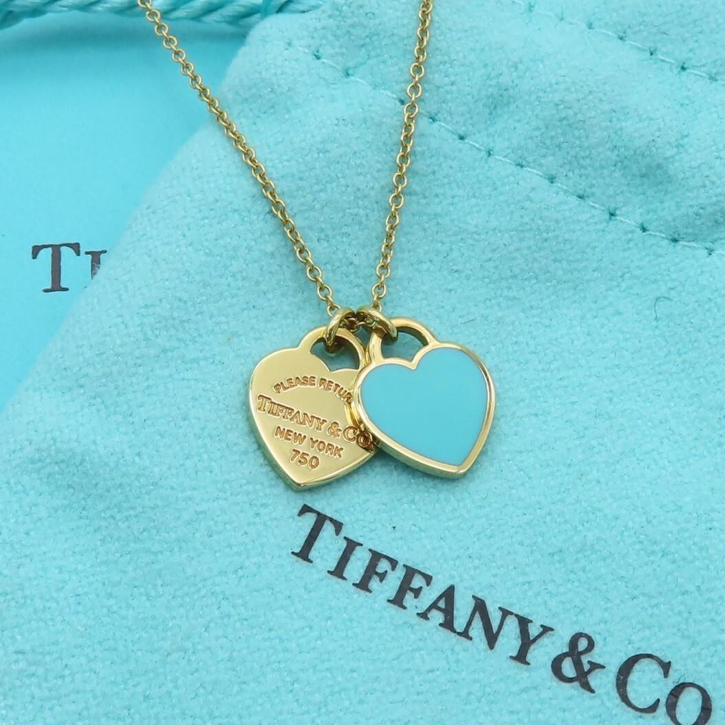 エレガント!★Tiffany & Co★ダブルハートバッジネックレス ティファニー ゴールド ミニ ダブル ハート タグ ネックレス