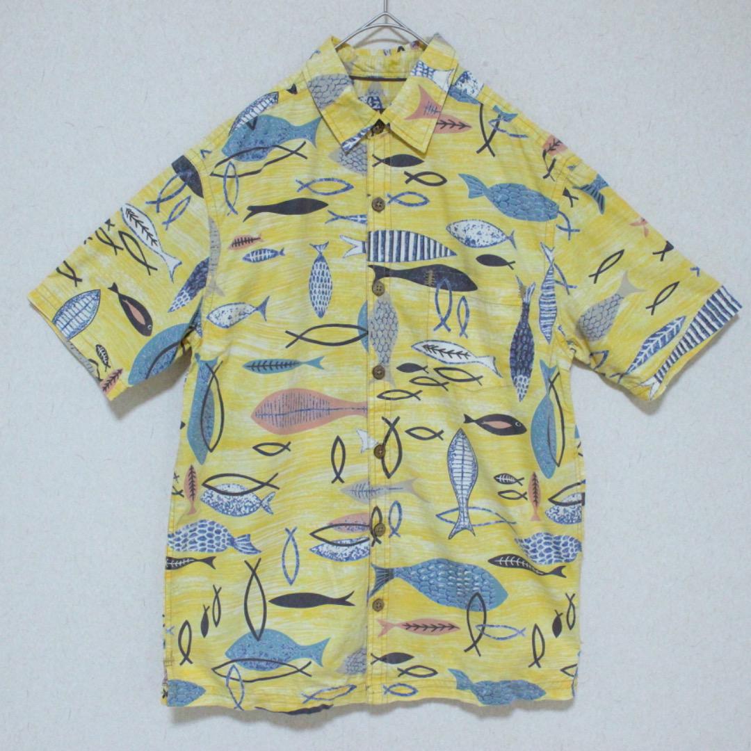 カハラ アロハシャツ 魚 総柄 黄色 Sサイズ