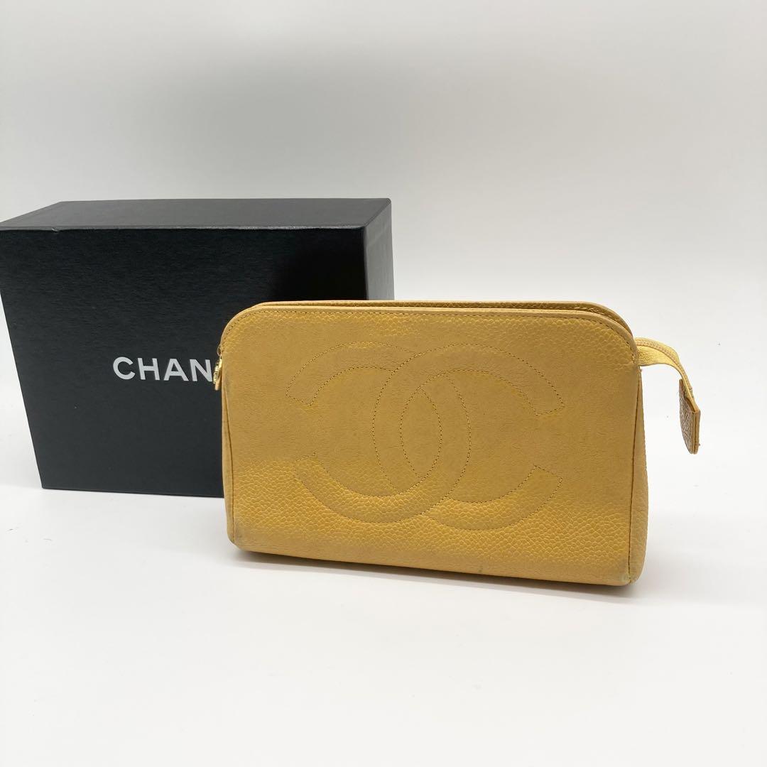 ○サイズCHANEL シャネル　キャビアスキン  ポーチ　ココマーク  黄色　イエロー