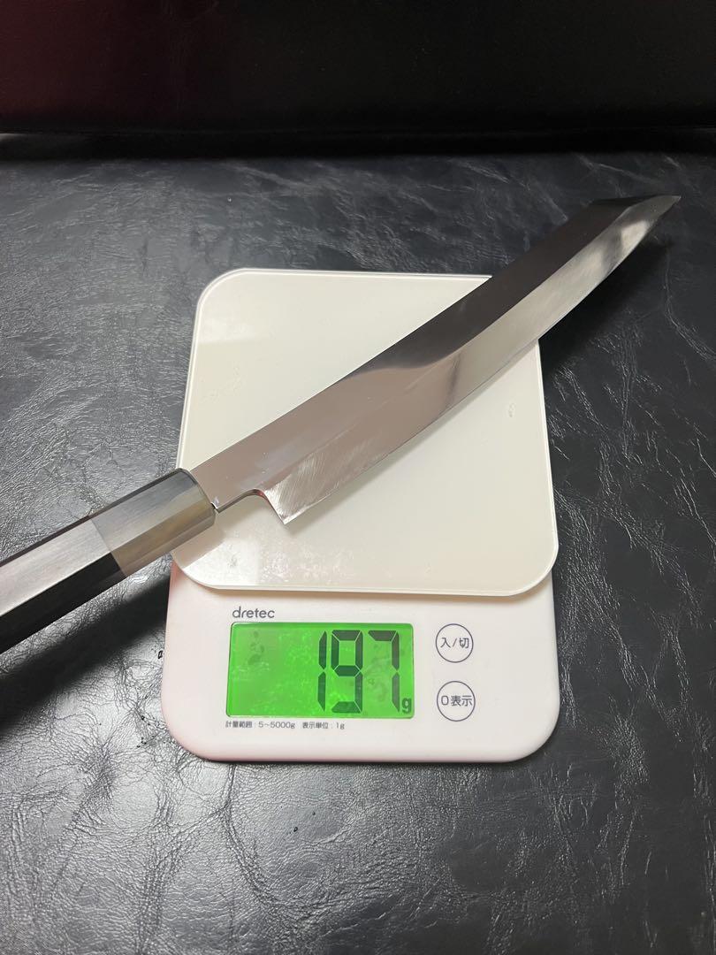 【限定特価】【鏡面・本刃付】8寸 切付柳刃(反り付) 黒檀色水牛柄 鞘付き