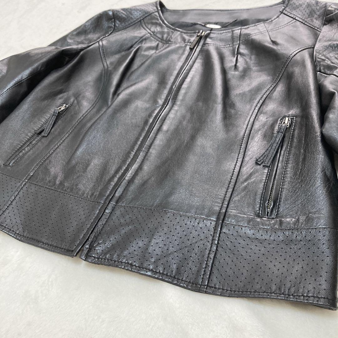 美品　リフレクト ラムレザー ノーカラージャケット　サイズ  ブラック　シングル
