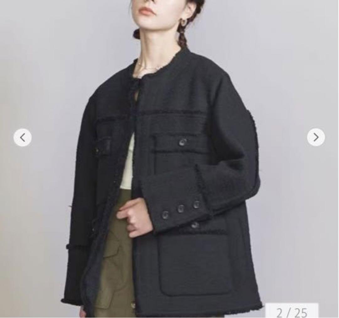 新品 BEAUTY&YOUTH コットンツイード ノーカラー ジャケットブラック