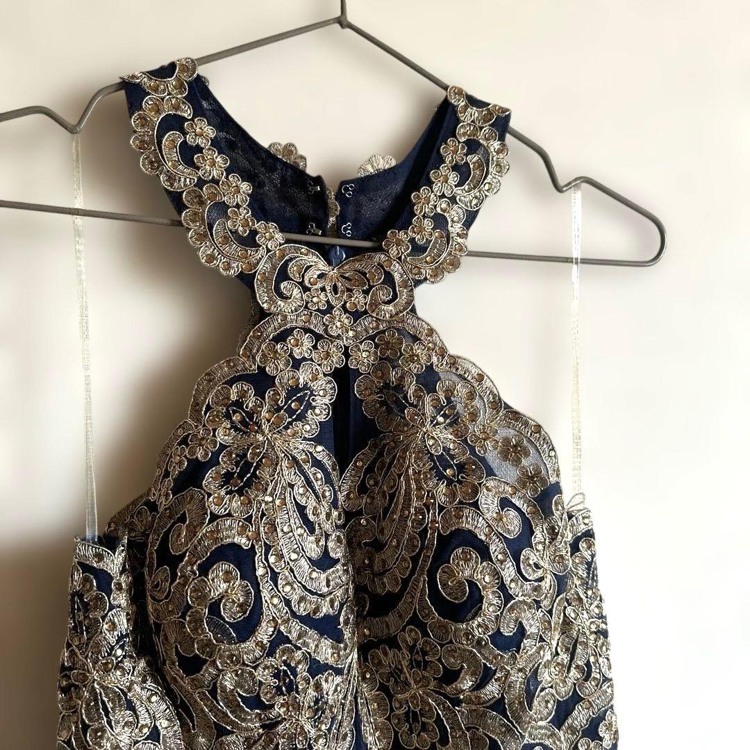 ネイビー刺繍ハイネックロングドレスM