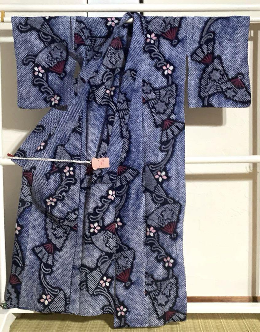 着物ー有松鳴海絞り浴衣5 伝統工芸品　枝花文　扇　綿