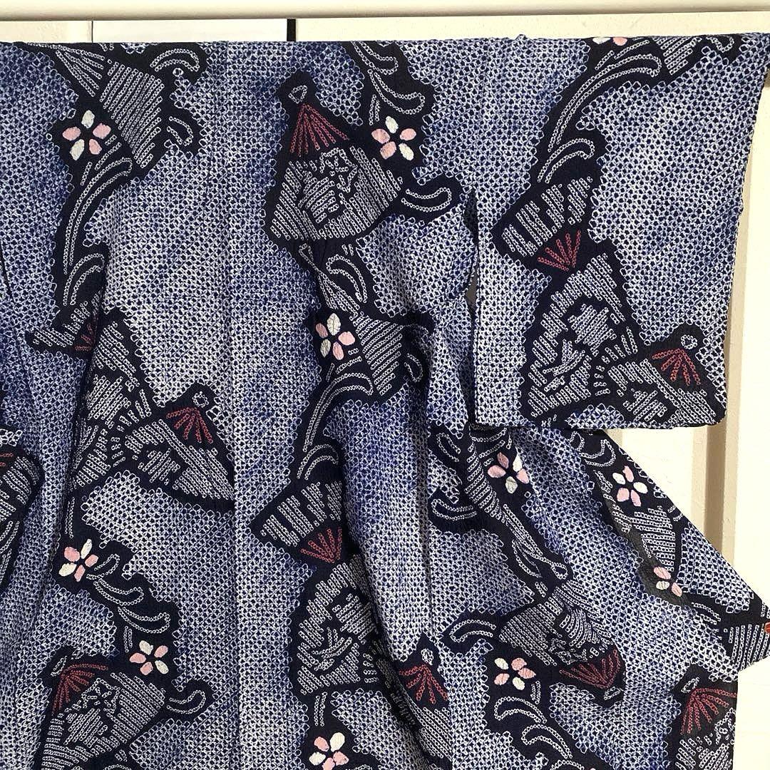 着物ー有松鳴海絞り浴衣5 伝統工芸品　枝花文　扇　綿