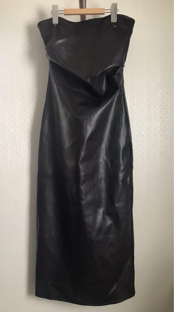 ZARA ストラップレス フェイクレザーワンピース ブラウン